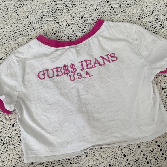Guess x ASAP Rocky Embroidered Ringer Crew Crop Top T-Shirt White/Pink (XSmall) - Picture 4 of 8